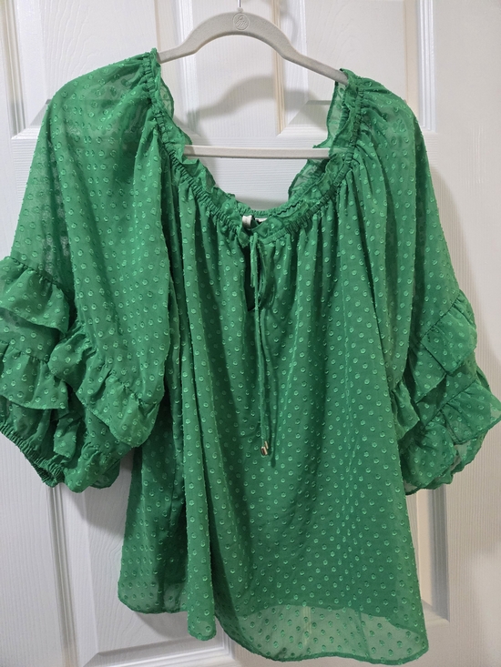 Cato Tops - Cato Green Swiss Dot Peasant Top with Ruffle Sleeves